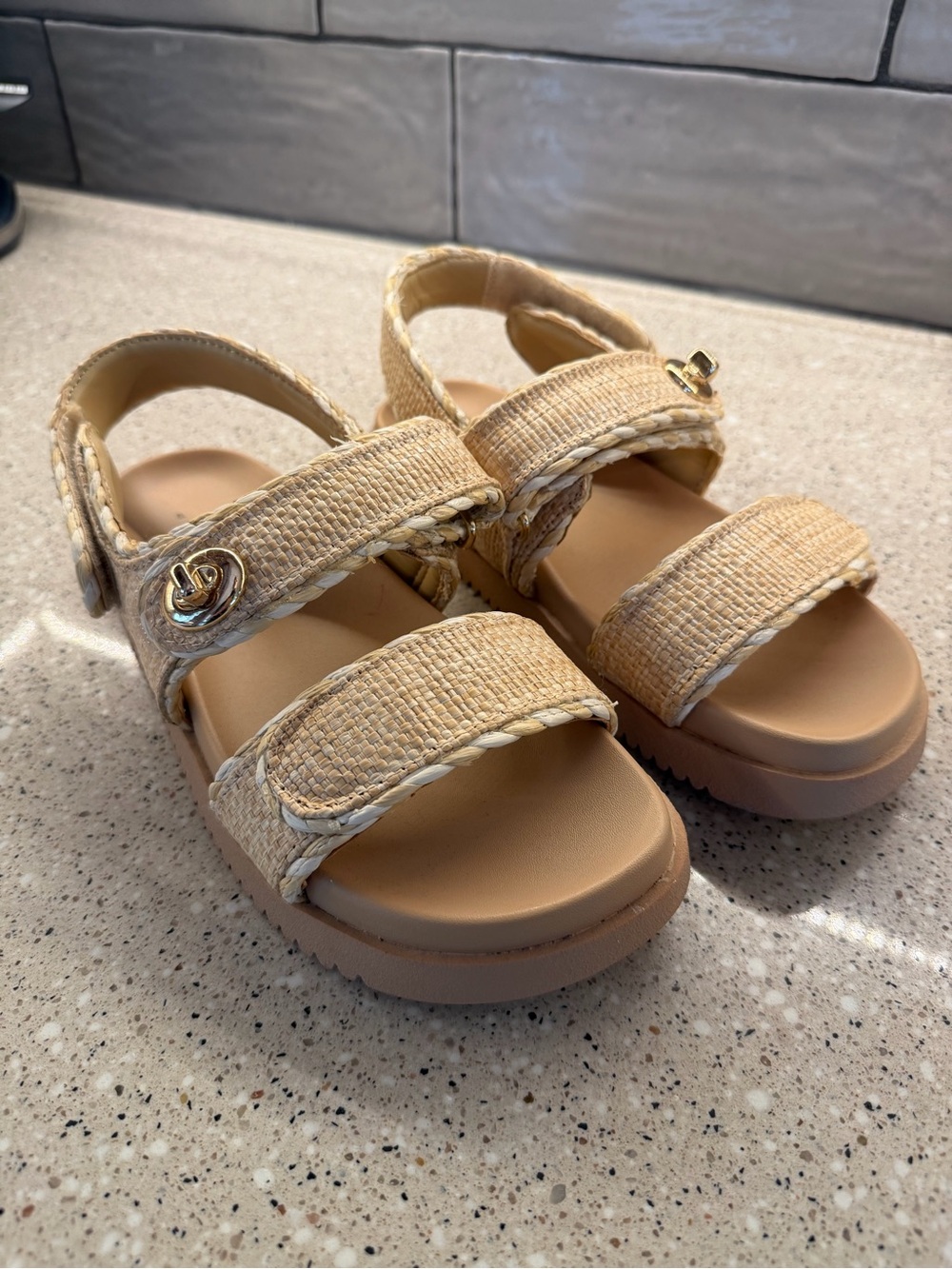 a new day Tan Woven Double-Strap Sandals with Gold Accent